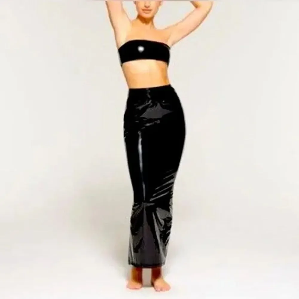 SKIMS Size XXS Patent Faux Leather Swim Skirt Black Onyx CU-SKT-3656 2XS NEW